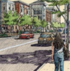 illustration of woman walking down community street