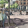 illustration of 4+ people walking down community street