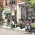 illustration of people gathering in front of community business