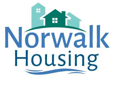 logo with 3 houses on curve and water below