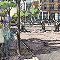 illustration of person walking down street