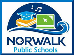City of Norwalk Public Schools Logo consisting of books, a computer and a graduation cap