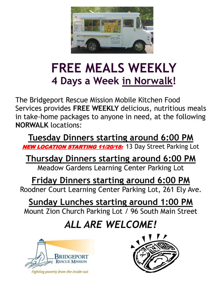Bridgeport Rescue Mission Meal Flyer with Information above