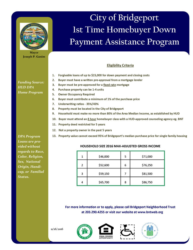 City of Bridgeport 1st Time Homebuyer Down Payment Assistance Program Flyer with Information above