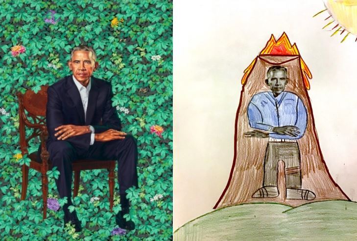 2 Barack Obama portraits 1 sitting in chair on leaf wall background, 1 on face of mountain