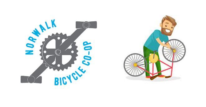 Logo with peddles and gear and cartoon of man fixing bike tire