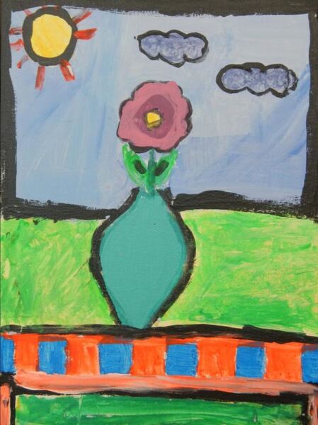 Painting of a flower in a vase on a table outside with the sun and grass behind it.