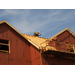 A construction worker uses a hammer to put rafters into place